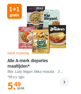 Alle A-merk diepvries maaltijden 1+1 gratis bij de AH