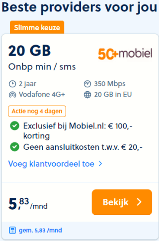 20GB + onbeperkt bellen/sms zonder aansluitkosten voor €5,83 per maand bij Mobiel.nl