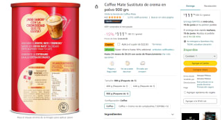Coffee Mate Sustituto de Crema 900g por $89 en Amazon