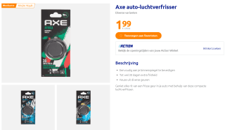 Axe autoluchtverfrisser voor €1,99 bij Action