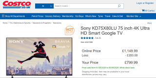 Sony KD75X80LU 75-Inch 4K Ultra HD Smart Google TV – £799.99