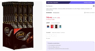 Lindor Lindt Sticks 24 sticks de 37 gr por 14,99€