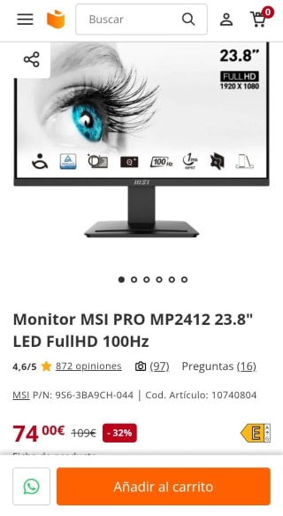 MSI Pro Monitor 23.8" por 74€.