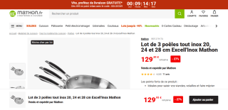 Lot de 3 poêles tout inox 20, 24 et 28 cm Excell'Inox Mathon à 129,31€