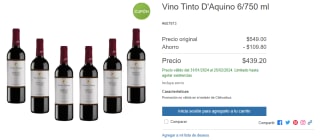 6 Botellas Vino Tinto D'Aquino 750ml por $439 en Costco