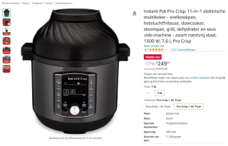 Instant Pot Pro Crisp 11-in-1 Multi Cooker voor €249,99 bij Amazon.nl