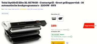 Tefal OptiGrill Elite XL GC760D voor €139 na cashback bij Bol.com