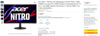 Monitor Acer 24" 1080p 75hz por $1,898 en Amazon