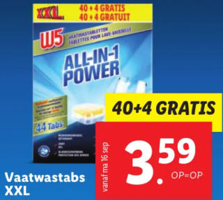 W5 All-in-1 vaatwastabletten XXL- 44 stuks voor €3,59 bij de Lidl