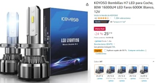 Bombillas KOYOSO H7 y H4 de LED para Coche, 80W, 16000LM, 6000K Blanco, 12V por 17,54€