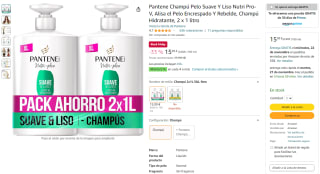 2 botes x 1 litro Pantene Champú Pelo Suave Y Liso Nutri Pro-V por 15,99€