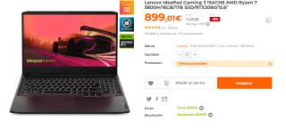 Ordenador Portatil Lenovo IdeaPad Gaming 3 15ACH6 AMD Ryzen 7 5800H/16GB/1TB SSD/RTX3060/15.6" por 899.01€