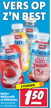 2 flessen Müllermilk of milkshake voor €1,50 bij Nettorama.