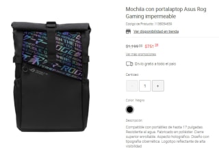 Mochila Asus Rog por $751 en Liverpool