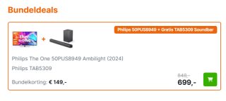 Philips 50PUS8949 + Gratis TAB5309 Soundbar Philips The One 50PUS8949 Ambilight (2024) Philips TAB5309 voor €699 bij Expert