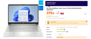 Ordenador Portatil HP 15S-fq2159ns Intel Core i3-1115G4/8GB/256GB SSD/15.6" por 375€
