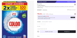 100 lavados Colon Polvo Activo Detergente lavadora por 14,99€ (cuenta nueva por 8,99€)