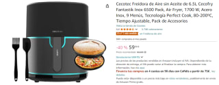 Cecotec Freidora de Aire sin Aceite de 6.5L Cecofry Fantastik Inox 6500 Pack por 59,90€