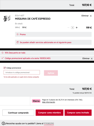 Máquina AEG de café espresso por solo 107,10€
