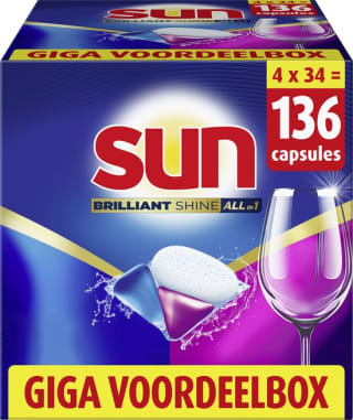 Sun All-in 1 Brilliant Shine Vaatwascapsules 136 stuks voor €19.99 bij Bol