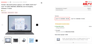 Portátil Microsoft Surface Laptop 5, Intel Evo Core i5-1235U, 8GB RAM, 256GB SSD, Iris Xe Graphics por 645,05€