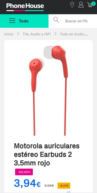 Motorola auriculares estéreo Earbuds 2 3,5mm rojo por 3,94€.