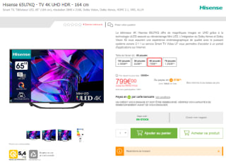 TV Hisense 65U7KQ - TV 4K UHD HDR - 164 cm à 799€