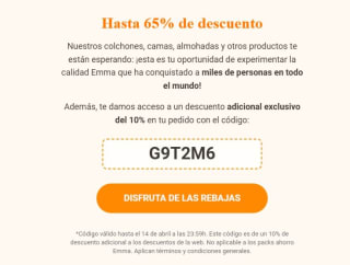 Hasta 65% descuento + 10% descuento extra desde Colchones emma