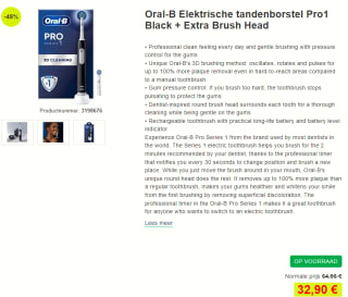 Oral-B Pro Series 1 elektrische tandenborstel met 1 extra opzetborstel voor €32,90 bij Proshop