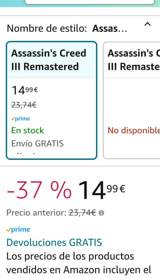 Assassin's Creed III Remastered PS4 por 14,99€.
