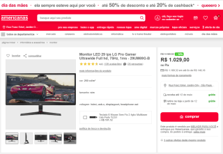Monitor LG LED de 29 polegadas Pro Gamer Ultrawide - R$ 1.029