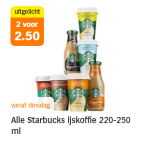 Alle Starbucks ijskoffie 220-250 ml 2 voor €2,50 bij de AH