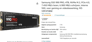 SSD Samsung 990 PRO - 4TB voor €239 bij Amazon.nl