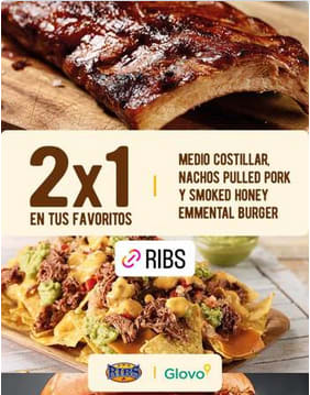 Restaurante Ribs 2x1 en medio costillar nachos pulled pork y smoked honey emmental burguer pidiendo con Glovo