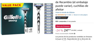 Gillette Mach3 Máquinilla de Afeitar Hombre + 12 Cuchillas de Recambio por 24,99€