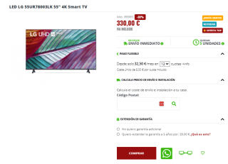 TV LED LG 55UR78003LK 55" 4K Smart TV por 330€