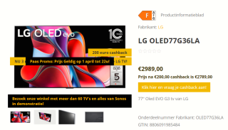 LG OLED evo G3 77" Zwart voor €2.789 na cashback bij Tvspecialisten