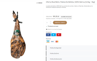 Paleta ibérica bellota 100% de 4,5kg - 5kg por 99,95€