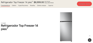 Refrigerador LG Top Freezer 14 pies por $8,099 con Mercado Pago