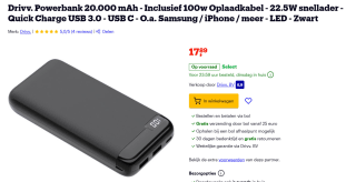 Drivv. Powerbank 20.000 mAh - Inclusief 100w Oplaadkabel - 22.5W snellader voor €17,99 bij Bol