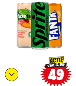 Alle varianten blikjes Coca-Cola, Fanta, Sprite, Fuze Tea of Fernandes blikjes voor €0,49 bij Dirk