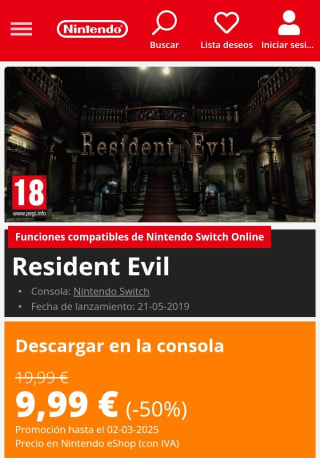 Resident Evil Nintendo Switch por 9,99€.