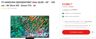 Televisión Samsung QE65QN91BATXXC 65 pulgadas Neo QLED UltraHD 4K por 1299€