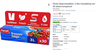 Paclan diepvrieszakken, 3 liter (verpakking van 30 stuks) voor €0,82 bij Amazon