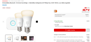 Philips Hue Kit Inicio Hue Bridge + 2 Bombillas inteligentes E27 por 53,99€
