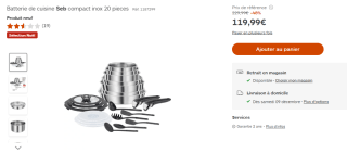 Batterie de cuisine Seb compact inox 20 pieces à 119,99€