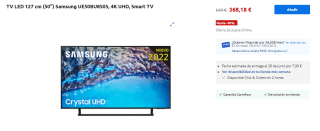 Television LED de 50" Samsung UE50BU8505, 4K UHD, Smart TV por 368.18€