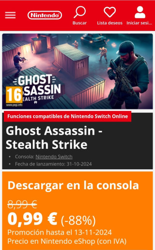 Ghost Assassin-Stealth Strike Nintendo Switch por 0,99€.