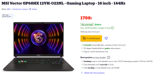 MSI Vector GP68HX 12VH-022NL 16" gaming laptop voor €1.799 bij Bol.com