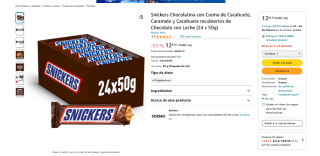 24 unidades Snickers Chocolatina con Crema de Cacahuete, Caramelo y Cacahuete recubiertos por solo 12,82€